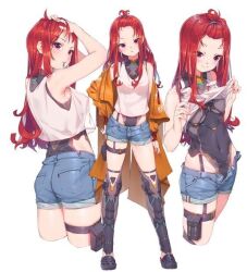 Rule 34 | 1girl, ass, bare shoulders, bodysuit, breasts, clothes lift, fangxiang cuoluan, holster, long hair, medium breasts, original, red hair, revealing clothes, short shorts, shorts, thigh holster, unbuttoned