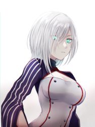 Rule 34 | 1girl, breasts, cleavage, cleavage cutout, clothing cutout, from below, girls&#039; frontline, glowing, green eyes, hair between eyes, highres, looking at viewer, medium breasts, medium hair, mg5 (girls&#039; frontline), revealing clothes, serious, solo, sui (camellia), white background, white hair