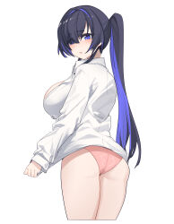 Rule 34 | 1girl, absurdres, aningay, ass, breasts, collared shirt, dress shirt, hair intakes, hair over one eye, highres, indie virtual youtuber, large breasts, long hair, long sleeves, looking at viewer, looking back, multicolored hair, panties, parted lips, pink panties, ponytail, purple eyes, purple hair, qquack (vtuber), shirt, simple background, sleeves past wrists, solo, two-tone hair, underwear, very long hair, virtual youtuber, white background, white shirt