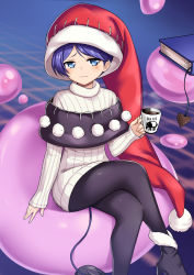 Rule 34 | 1girl, :3, black footwear, black pantyhose, blue background, blue eyes, blue hair, blurry, blurry background, book, bookmark, closed mouth, crossed legs, cup, doremy sweet, dream soul, hat, highres, holding, holding cup, long sleeves, looking at viewer, nightcap, nobori ranzu, pantyhose, pom pom (clothes), red hat, shoes, short hair, sitting, smile, solo, sweater, tail, touhou, turtleneck, turtleneck sweater, white sweater