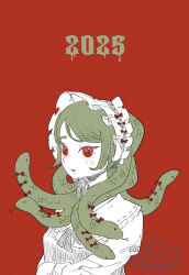 1girl artist_logo aster0014 bonnet bow bowtie chin_strap chinese_new_year chinese_zodiac collar dated dress dripping frilled_bonnet frilled_collar frills green_hair hairband highres limited_palette logo long_hair long_sleeves looking_at_viewer new_year open_mouth original red_background red_eyes simple_background smile snake_hair solo upper_body white_bonnet white_dress year_of_the_snake