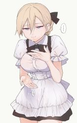 Rule 34 | 1girl, anarogumaaa, bad id, bad twitter id, blonde hair, blue eyes, bow, bowtie, breasts, cum, cum in mouth, cum on clothes, facial, highres, maid, original, skirt, white background