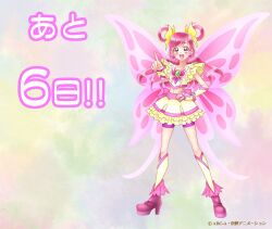 Rule 34 | 1girl, bike shorts under skirt, butterfly brooch, butterfly earrings, butterfly wings, countdown, cure dream, earrings, hair rings, hand on own hip, insect wings, jewelry, long hair, midriff, navel, official art, open mouth, pink footwear, pink hair, pink wings, pointing, precure, purple eyes, smile, solo, super cure dream, wings, yes! precure 5, yumehara nozomi