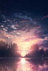 Rule 34 | cloud, colorful, commentary request, different reflection, dusk, gradient sky, highres, nature, night, no humans, orange sky, original, outdoors, reflection, reflective water, scenery, sky, skyrick9413, sunset, tree, twilight, water