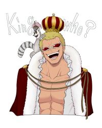Rule 34 | 2boys, abs, animal, animal on shoulder, blonde hair, coat, colored sclera, crossover, crown, donquixote doflamingo, earrings, english text, feathers, frilled shirt, frills, fur trim, jewelry, k-4000, king julien xiii, lemur, madagascar (series), male focus, multiple boys, one piece, open clothes, open mouth, pectorals, pink feathers, red coat, shirt, short hair, smile, sunglasses, upper body, yellow sclera