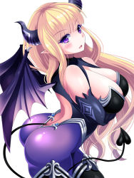Rule 34 | 1girl, arms under breasts, artist request, ass, bare shoulders, blonde hair, blush, bodysuit, breast hold, breasts, character request, cleavage, crossed arms, demon girl, demon horns, demon tail, demon wings, elbow gloves, fang, gloves, horns, inma kourin devil carnival, large breasts, long hair, looking at viewer, open mouth, pointy ears, purple eyes, shiny clothes, shiny skin, skin tight, solo, tail, very long hair, wings