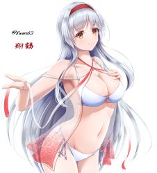 Rule 34 | 1girl, arms up, bikini, breasts, brown eyes, character name, cleavage, cowboy shot, hachiware (8ware63), hairband, hand on own chest, highres, kantai collection, large breasts, long hair, navel, red hairband, see-through, shoukaku (kancolle), side-tie swimsuit, silver hair, smile, solo, swimsuit, twitter username, white background, white bikini