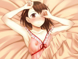Rule 34 | 10s, 1girl, arms up, bad id, bad nijie id, blush, breasts, brown eyes, brown hair, camisole, covering own eyes, kanden sky, looking at viewer, lying, nightgown, nipples, nisekoi, on back, onodera kosaki, see-through, short hair, solo
