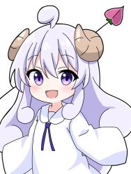 1girl :d ahoge blush brown_horns commentary_request curled_horns curly_hair demon_girl demon_tail dot_nose dress horns kotatsu-mazoku lilith_(machikado_mazoku) lilith_(machikado_mazoku)_(homunculus) long_hair long_sleeves looking_at_viewer machikado_mazoku neck_ribbon open_mouth purple_eyes purple_hair purple_ribbon ribbon sidelocks simple_background sleeves_past_fingers sleeves_past_wrists smile solo tail upper_body white_background white_dress