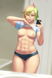 Rule 34 | 1girl, abs, ahoge, bathroom, black panties, breasts, camera phone, cellphone, clothes lift, cowboy shot, female focus, flashing, highres, holding, holding phone, humanization, indoors, lifting own clothes, lightning bolt symbol, looking at viewer, lvl (sentrythe2310), md5 mismatch, multicolored hair, muscular, my little pony, naughty face, navel, nipples, no bra, no pants, panties, parted bangs, personification, phone, pink eyes, rainbow dash, rainbow hair, selfie, shirt, shirt lift, short hair, short sleeves, signature, small breasts, smile, solo, t-shirt, thighs, toned, tsurime, underwear, white shirt