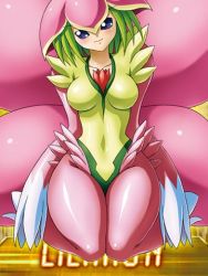 Rule 34 | 1girl, blue eyes, blush, breasts, digimon, digimon (creature), digimon collectors, fairy, female focus, flower, green eyes, green hair, hat, kneeling, large breasts, leotard, lilamon, lowres, monster girl, official art, solo, thick thighs, thighs, wide hips