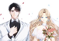 Rule 34 | 1boy, 1girl, absurdres, black hair, blonde hair, blue eyes, bouquet, bow, bowtie, clenched hand, copyright request, dress, earrings, falling petals, flower, flower hair ornament, highres, husband and wife, jewelry, long hair, looking at viewer, petals, piercing, red eyes, ring, sayan, short hair, simple background, smile, three-piece suit, very long hair, wedding dress, white background