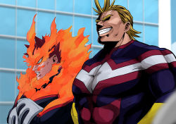 Rule 34 | 2boys, all might, antenna hair, bad id, bad pixiv id, beard, blonde hair, blue bodysuit, blue eyes, bodysuit, boku no hero academia, bracer, covered abs, endeavor (boku no hero academia), facial hair, fire, from side, grin, highres, kei (ahan uhun 345), large pectorals, male focus, mature male, multiple boys, muscular, muscular male, pectorals, red hair, scar, scar across eye, scar on face, short hair, sideburns, smile, spiked hair, upper body