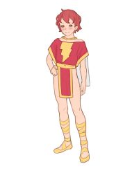 Rule 34 | 1other, absurdres, blush, body freckles, closed mouth, contrapposto, freckles, gladiator sandals, hand on own hip, highres, jewelry, looking at viewer, luimiart, necklace, pelvic curtain, red eyes, red hair, sandals, shazam (movie), simple background, smile, standing, tabard, white background