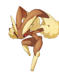 Rule 34 | 1other, animal feet, animal nose, arms up, black sclera, body fur, brown fur, closed mouth, colored sclera, creatures (company), game freak, gen 4 pokemon, highres, horezai, leg up, legs, looking to the side, lopunny, nintendo, other focus, outstretched arms, pokemon, pokemon (creature), rabbit ears, rabbit tail, red eyes, simple background, solo, standing, standing on one leg, thighs, two-tone fur, white background, yellow fur