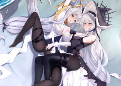 Rule 34 | 2girls, arknights, arm up, asymmetrical docking, bare shoulders, black dress, black headwear, black pantyhose, black thighhighs, breast press, breasts, cleavage, cleavage cutout, closed mouth, clothes lift, clothing cutout, dress, dress lift, fingering, fingering through clothes, from above, gold trim, grey hair, grey headwear, highres, large breasts, layered dress, long hair, low-tied long hair, lying, multiple girls, no shoes, off-shoulder dress, off shoulder, official alternate costume, on back, on ground, open mouth, pantyhose, pelvic curtain, pussy juice, red eyes, shenqi (toid310), skadi (arknights), skadi the corrupting heart (arknights), skadi the corrupting heart (sublimation) (arknights), smile, specter (arknights), specter the unchained (arknights), thighhighs, thighhighs over pantyhose, through clothes, very long hair, white dress, yuri