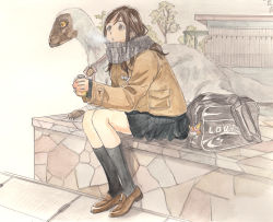 Rule 34 | 1girl, animal, ayanashi kunio, bag, bag charm, black skirt, breath, brown coat, brown eyes, brown hair, building, can, charm (object), coat, cold, day, dinosaur, drink can, enpera, full body, grey scarf, holding, holding can, kneehighs, loafers, long sleeves, looking away, looking up, miniskirt, original, painting (medium), pleated skirt, pocket, ribbon, scarf, school bag, shoes, sitting, skirt, socks, soda can, traditional media, tree, watercolor (medium)