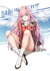 Rule 34 | 10s, 1girl, absurdres, ajio (pixiv7718798), between legs, blunt bangs, boots, copyright name, darling in the franxx, dress, floating hair, full body, green eyes, grey hairband, hairband, hand between legs, highres, horns, long hair, pink hair, red dress, short dress, solo, very long hair, white footwear, zero two (darling in the franxx)