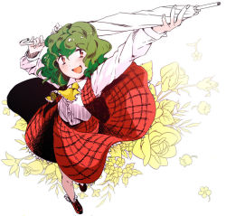 Rule 34 | 1girl, arms up, ascot, blush, closed umbrella, clothes lift, collared shirt, floral background, from above, full body, green hair, hair between eyes, holding, holding umbrella, kazami yuuka, kinosaki, long skirt, long sleeves, looking at viewer, looking up, open clothes, open vest, perspective, plaid, plaid skirt, plaid vest, red eyes, red footwear, red skirt, red vest, shirt, shoes, short hair, skirt, skirt lift, skirt set, smile, solo, touhou, umbrella, vest, wavy hair, white background, white legwear, white shirt