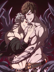 Rule 34 | 2boys, alter ego malevolent (granblue fantasy), apple, bad id, bad twitter id, bara, belial (granblue fantasy), belt, black jacket, body markings, brown hair, cropped jacket, evil smile, facial mark, feather boa, food, fruit, gran (granblue fantasy), granblue fantasy, grey hair, hand on another&#039;s chest, hand on another&#039;s hip, hand on another&#039;s neck, holding, holding food, holding fruit, hug, jacket, kuroshinki, large pectorals, looking at viewer, male focus, multiple boys, muscular, muscular male, nipples, off shoulder, pants, pectorals, red apple, red eyes, short hair, smile, teeth, topless male
