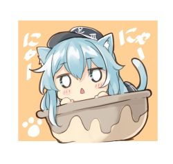 Rule 34 | 1girl, anchor symbol, animal ears, blue hair, blush, cat ears, cat tail, chibi, commentary request, flat cap, hat, hibiki (kancolle), kantai collection, kemonomimi mode, looking at viewer, mayusaki yuu, o o, solo, tail, triangle mouth