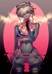 Rule 34 | 1girl, android, arm at side, bare shoulders, belt, black skin, cable, colored skin, covered mouth, covering own mouth, cowboy shot, crop top, eyelashes, fasna, glowing, glowing eyes, hair over one eye, hand over own mouth, headphones, highres, looking at viewer, midriff, multiple belts, nail polish, navel, one eye covered, original, pants, pink eyes, polka dot, short hair, shorts, silver hair, sleeves past wrists, solo, sparkle, stomach, striped clothes, striped pants, swept bangs, vertical stripes, white nails