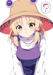 Rule 34 | 1girl, :o, ?, absurdres, blonde hair, blush, breasts, brown hat, commentary request, cowboy shot, darumoon, hair ribbon, hat, highres, leaning, leaning forward, long sleeves, looking at viewer, medium breasts, medium hair, moriya suwako, parted bangs, parted lips, purple vest, red ribbon, ribbon, sidelocks, simple background, solo, spoken question mark, standing, sweater, touhou, turtleneck, turtleneck sweater, v arms, vest, white background, white sweater, yellow eyes