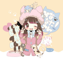 Rule 34 | &gt; &lt;, 2girls, :3, ;), animal ears, animal hat, animal print, aoki lapis, bell, blue hair, blue skirt, blunt bangs, blush, bowl, brown eyes, brown hair, buttons, cat, cat ears, cat hat, closed eyes, double v, eguchi nako, fish print, hair ribbon, happy birthday, hat, heart, jacket, jingle bell, maako (yuuyake.), mini person, minigirl, multiple girls, one eye closed, paint splatter, paw print, pet bowl, red jacket, ribbon, skirt, smile, sparkling eyes, speech bubble, text focus, v, vocaloid, voice actor, voice actor connection, yellow background