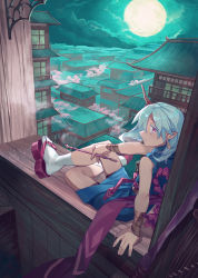 Rule 34 | 1girl, architecture, bad id, bad pixiv id, blue kimono, blue sky, cityscape, clog sandals, crossed legs, earrings, east asian architecture, fingernails, from side, full moon, highres, holding, holding smoking pipe, horns, japanese clothes, jewelry, kimono, kiseru, looking at viewer, looking to the side, moon, okobo, original, parted lips, pointy ears, red eyes, sandals, sharp fingernails, shichigatsu, short kimono, sideways glance, single horn, sitting, sky, smoke, smoking pipe, socks, solo, white socks, window