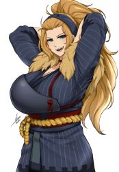 Rule 34 | 1girl, :d, absurdres, airisubaka, arms up, artist name, big hair, blonde hair, blue eyes, blue headwear, blue kimono, breasts, fangs, fur trim, hairband, highres, huge breasts, japanese clothes, kimono, long hair, looking at viewer, muneate, open mouth, ponytail, rope, rope belt, signature, simple background, sleeves rolled up, smile, solo, upper body, white background