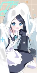 Rule 34 | 1girl, absurdres, apron, aqua halo, aqua ribbon, aris (blue archive), aris (maid) (blue archive), bed sheet, black dress, black hair, blue archive, blue eyes, dress, frilled apron, frills, halo, highres, loais, long hair, looking at viewer, maid, maid apron, maid headdress, official alternate costume, open mouth, pantyhose, ponytail, ribbon, smile, solo, rectangular halo, very long hair, white apron, white pantyhose