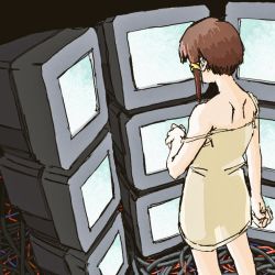 Rule 34 | 1girl, asymmetrical hair, bare arms, bare shoulders, monitor, crt, exposed back, hair ornament, iwakura lain, pantsu-ripper, screen light, serial experiments lain, skinny, solo, standing, thighs, wire, x hair ornament