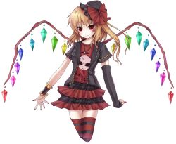 Rule 34 | 1girl, alternate costume, alternate headwear, arm warmers, asymmetrical clothes, bat (animal), blonde hair, bow, cowboy shot, cropped legs, facial tattoo, female focus, flandre scarlet, hat, hat bow, heart, highres, jacket, jewelry, k-sk style, mini hat, nail polish, necklace, open clothes, open jacket, pendant, punk lolita, red eyes, red nails, ribbon, shirt, side ponytail, simple background, skirt, skull print, smile, solo, striped clothes, striped thighhighs, tattoo, thighhighs, touhou, white background, wings, wrist cuffs, wrist ribbon, zettai ryouiki
