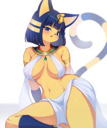 Rule 34 | 1girl, animal crossing, animal ears, ankha (animal crossing), blue eyes, blue hair, blunt bangs, blush, bob cut, body fur, breasts, commentary, egyptian, furry, furry female, highres, large breasts, looking at viewer, nintendo, short hair, simple background, sitting, solo, striped, striped tail, tail, thighs, white background, whooo-ya, yellow fur