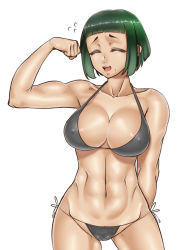 Rule 34 | 1girl, ^ ^, arm behind back, bikini, blaccura, black hair, blunt bangs, bob cut, breasts, cameltoe, cleavage, closed eyes, cowboy shot, cropped legs, female focus, flexing, forehead, green hair, highres, large breasts, lowleg, lowleg bikini, mole, mole under mouth, muscular, open mouth, original, short hair, simple background, solo, strap gap, swimsuit, tan, white background