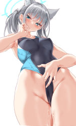 Rule 34 | 1girl, animal ear fluff, animal ears, blue archive, blue eyes, blush, breasts, cle masahiro, clothing aside, collarbone, commentary request, competition swimsuit, cross hair ornament, grey hair, hair ornament, halo, highres, looking at viewer, medium breasts, one-piece swimsuit, parted lips, pussy juice, shiroko (blue archive), shiroko (swimsuit) (blue archive), short hair, simple background, solo, swimsuit, swimsuit aside, thighs, white background