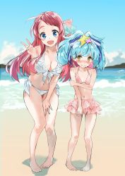 Rule 34 | 10s, 2girls, absurdres, barefoot, beach, bikini, bikini skirt, blue hair, breasts, cleavage, day, front-tie top, fujisaki ribbon, full body, hair ornament, hair ribbon, highres, hoshikawa lily, leaning forward, long hair, looking at viewer, looking to the side, medium breasts, minamoto sakura, multicolored ribbon, multiple girls, nervous smile, outdoors, pink bikini, red eyes, red hair, ribbon, side-tie bikini bottom, smile, standing, star (symbol), star hair ornament, swimsuit, thick eyebrows, twintails, v, waves, zombie land saga