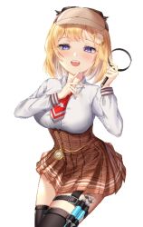 Rule 34 | 1girl, akiseiyokito 214, blonde hair, blue eyes, breasts, clock, corset, cowboy shot, detective, finger to mouth, hair ornament, hat, hololive, hololive english, magnifying glass, medium breasts, monocle, necktie, open mouth, pleated skirt, red necktie, short hair, skirt, smile, syringe, thighhighs, thighs, virtual youtuber, watson amelia