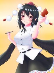 Rule 34 | 1girl, arm up, belt, black hair, black ribbon, black skirt, black wings, blush, breasts, closed mouth, collared shirt, commentary request, cowboy shot, dutch angle, feathered wings, gradient background, hat, highres, holding, holding notepad, holding pen, looking at viewer, medium breasts, neck ribbon, notepad, o1118, pen, petticoat, pom pom (clothes), puffy short sleeves, puffy sleeves, red eyes, red hat, ribbon, shameimaru aya, shirt, short hair, short sleeves, simple background, skirt, smile, solo, standing, swept bangs, tokin hat, touhou, v-shaped eyebrows, white shirt, wings, yellow background