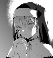Rule 34 | 1girl, blush, closed mouth, commentary request, greyscale, habit, hands up, hiiragi yuuichi, looking at viewer, monochrome, neck ribbon, nijisanji, nun, own hands together, ribbon, sister claire, sister claire (1st costume), smile, solo, traditional nun, upper body, veil, virtual youtuber