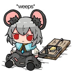 Rule 34 | animal ear fluff, animal ears, character doll, cheese, closed mouth, commentary, english text, food, frown, full body, fumo (doll), grey hair, grey skirt, grey vest, jitome, kasuya baian, long sleeves, mouse ears, mouse girl, mouse tail, mousetrap, nazrin, no humans, red eyes, short hair, simple background, sitting, skirt, skirt set, tail, tears, touhou, v-shaped eyebrows, vest, white background