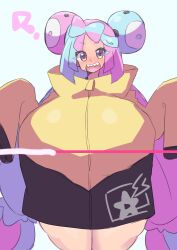 1girl ? akan_mori blue_hair blush breasts creatures_(company) dot_nose female_focus game_freak gigantic_breasts huge_breasts iono_(pokemon) long_hair nintendo pink_eyes pink_hair pokemon sharp_teeth solo teeth thick_thighs thighs white_background