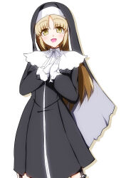 Rule 34 | 1girl, :d, black dress, blush, brown eyes, capelet, contrapposto, cowboy shot, dress, full-length zipper, gloves, habit, high collar, highres, light brown hair, long dress, long hair, long sleeves, looking at viewer, nijisanji, nun, open mouth, palms together, shun rkgk, simple background, sister claire, sister claire (1st costume), smile, solo, straight hair, traditional nun, virtual youtuber, white background, white capelet, white gloves, zipper, zipper dress