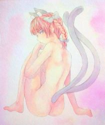 Rule 34 | 1girl, animal ears, arm support, ass, barefoot, bow, braid, breasts, cat ears, cat tail, covering own mouth, from behind, full body, gradient background, hair bow, highres, kaenbyou rin, legs up, looking at viewer, looking back, multiple tails, nude, painting (medium), pink background, red eyes, red hair, shoulder blades, small breasts, solo, tail, touhou, traditional media, twin braids, watercolor (medium), yuyu (00365676)