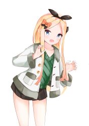 Rule 34 | 1girl, :d, abigail williams (fate), absurdres, black bow, black hairband, black ribbon, black skirt, blonde hair, blue eyes, bow, claw pose, commentary request, fate/grand order, fate (series), forehead, green sweater, hair bow, hair ribbon, hairband, hands up, highres, jacket, long sleeves, looking at viewer, open clothes, open jacket, open mouth, orange bow, parted bangs, pleated skirt, ribbon, simple background, skirt, smile, solo, sweater, white background, white jacket, yukaa