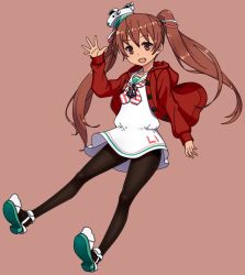 Rule 34 | 10s, 1girl, adapted costume, alternate legwear, black pantyhose, brown eyes, brown hair, dark-skinned female, dark skin, dress, hair ribbon, kantai collection, libeccio (kancolle), long hair, looking at viewer, matching hair/eyes, open mouth, pantyhose, pink background, red sweater, ribbon, sailor dress, solo, sweater, tun, twintails