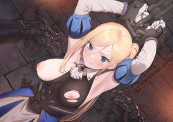 Rule 34 | 1girl, armpits, arms up, ascot, belt, blonde hair, blue eyes, bound, bound wrists, breasts, brooch, clenched teeth, corset, dungeon, dutch angle, elbow gloves, glaring, gloves, hair between eyes, highres, indoors, jewelry, large breasts, long hair, looking at viewer, nipples, non-web source, one side up, original, pov, pov hands, restrained, sagano yuuji, sheath, sidelocks, solo focus, standing, sweat, teeth, torn clothes, vambraces, white gloves
