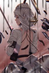 Rule 34 | 1girl, absurdres, arm strap, backless dress, backless outfit, black feathers, braid, dress, feathers, floating, floating object, garrison cap, grey dress, grey eyes, grey hair, grey hat, hair ornament, halo, hat, highres, holding, holding staff, liv: empyrea (punishing: gray raven), liv (punishing: gray raven), mechanical halo, mechanical wings, orb, patchwork fat., punishing: gray raven, sidelocks, staff, wings, x hair ornament