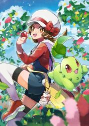 Rule 34 | 1girl, :d, absurdres, bow, brown eyes, brown hair, cabbie hat, chikorita, cloud, commentary request, creatures (company), day, falling leaves, game freak, gen 2 pokemon, hand up, hat, hat bow, highres, holding, holding poke ball, leaf, leg up, long hair, lyra (pokemon), nintendo, open mouth, outdoors, poke ball, poke ball (basic), pokegear, pokemon, pokemon (creature), pokemon hgss, rainys bill, red bow, red footwear, red shirt, shirt, shoes, sky, smile, teeth, thighhighs, tongue, twintails, upper teeth only, white headwear, white thighhighs, yellow bag