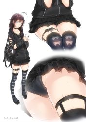 Rule 34 | 10s, 1girl, ahoge, alternate costume, ama mitsuki, ass, asymmetrical clothes, black nails, black panties, black socks, blue eyes, brown hair, casual, collar, commentary, contemporary, dated, fingerless gloves, from below, full body, gloves, hair between eyes, hair flaps, hair over one eye, kantai collection, lips, long hair, looking at viewer, multiple views, nail polish, own hands together, panties, pantyshot, parted lips, ribbon-trimmed legwear, ribbon trim, shigure (kancolle), sitting, skindentation, skirt, skirt set, socks, spiked collar, spikes, standing, sweat, thighhighs, thighs, underwear